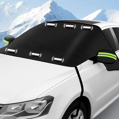 Car snow cover front windshield Car snow shield - 3606-black-oxford-cloth-6-magnetic-large-half-car-cover-green-reflective-strips