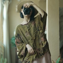 小泥姑娘复古文艺原创设计女装印花纯棉圆领毛边T恤上衣2053清芜