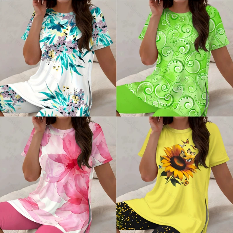 2025 новый летний европейский и американский кросс-бордерный повседневный отпускной стиль с принтом, круглый вырез, короткий рукав, шорты, костюм для женщин