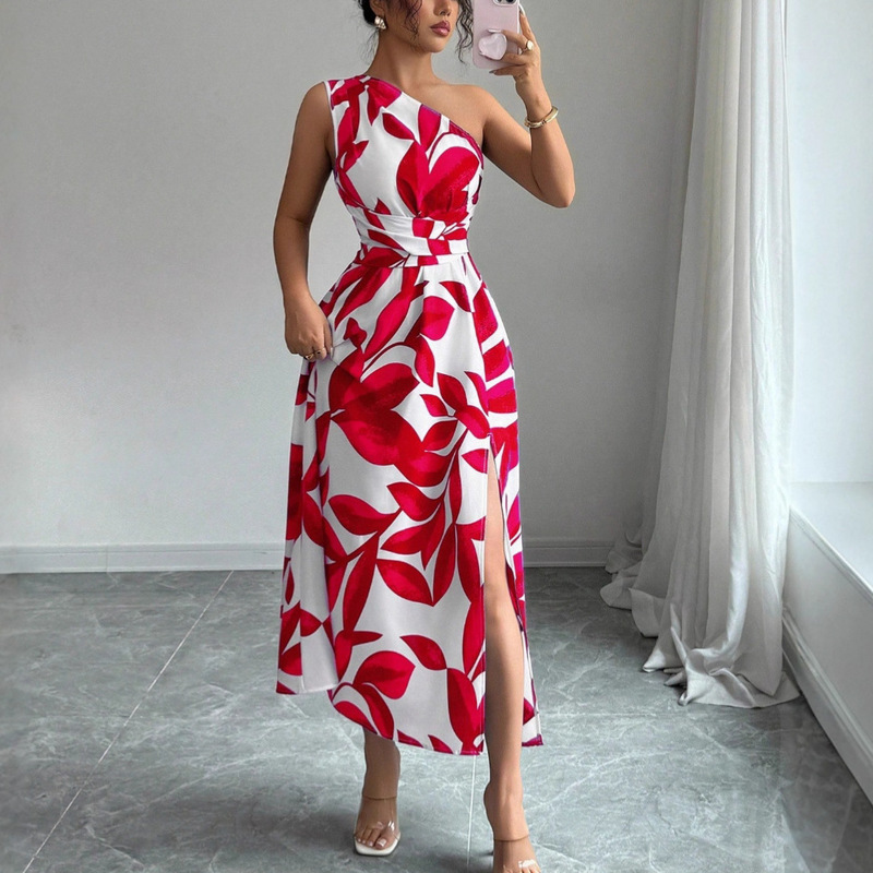2026 Cross-Border Women's Clothing Spring and Summer Hot-Selling Floral Print One-Shoulder Slit Dress Exotic Vacation Style Elegant Long Dress