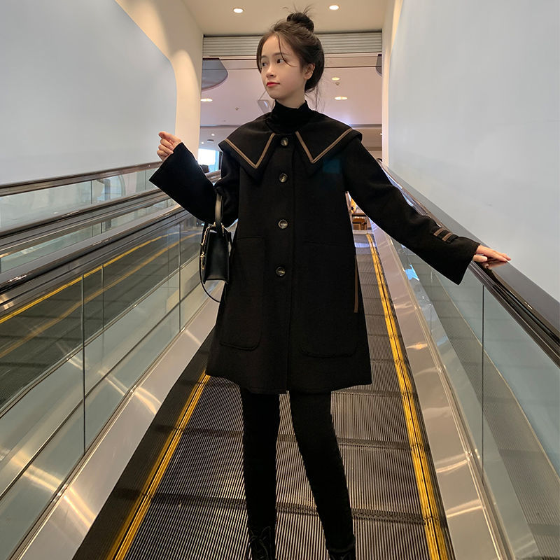 欧美跨境亚马逊海军领大衣中长款女韩版小个子单排扣a字毛呢外套|undefined