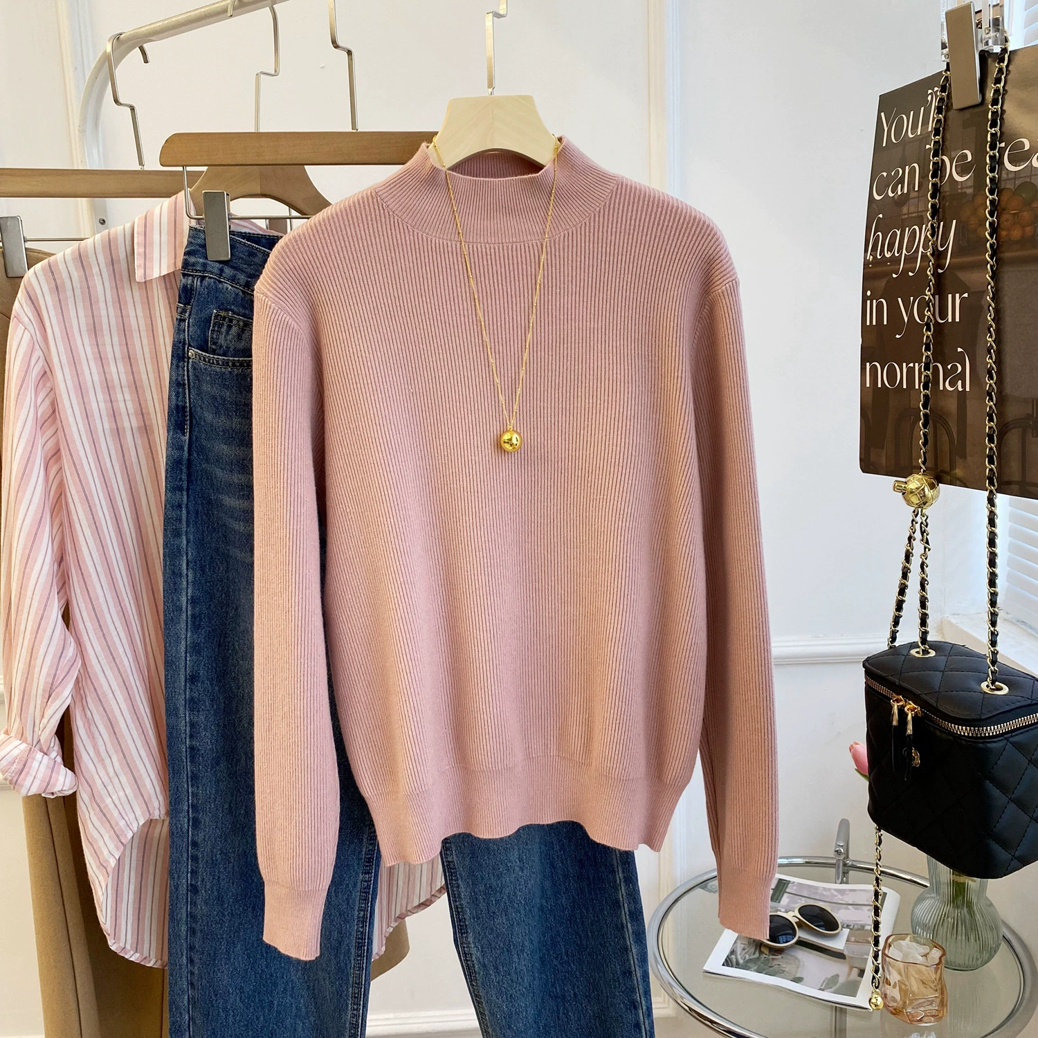 2022 осень-зима в Корейском стиле, однотонная текстурная рубашка со средним воротником и низом, короткий водолазка, свободный Универсальный свитер 2293