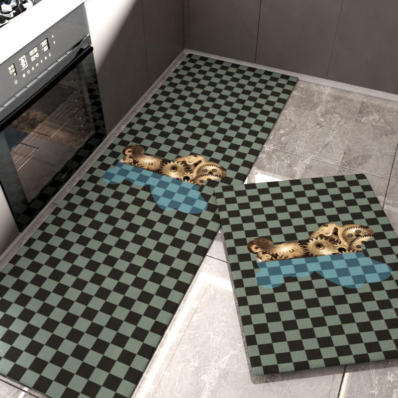 Emma Bear-Black and Grey 체크 [방수 및 방유 가죽 PU 바닥 매트]