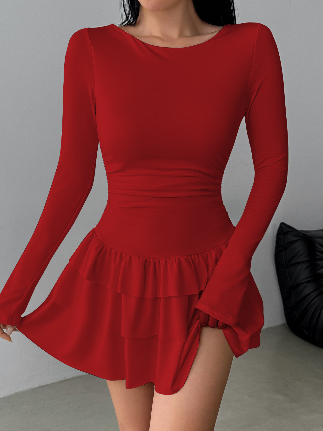 Women's Solid Color Slim Fit Ruffled Panel Long Sleeve Bodycon Mini Dress – Elegant Casual Gown_ecoleips.com