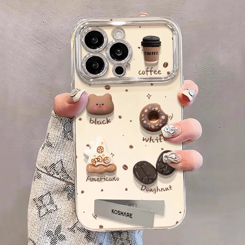 Oso de café estéreo de ventana grande IPhone16ProMax galvanizado Apple 15promax funda para teléfono móvil aplicable 14