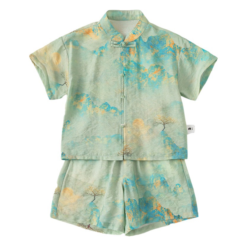 Youbao ropa para niños traje Hanfu para niños estampado de estilo chino 2025 verano niño hebilla de disco pantalones cortos Tang traje de dos piezas