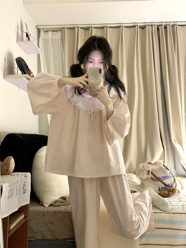 睡衣女春秋季韩版甜美蕾丝条纹云朵棉长袖长裤家居服套装学生薄款|undefined