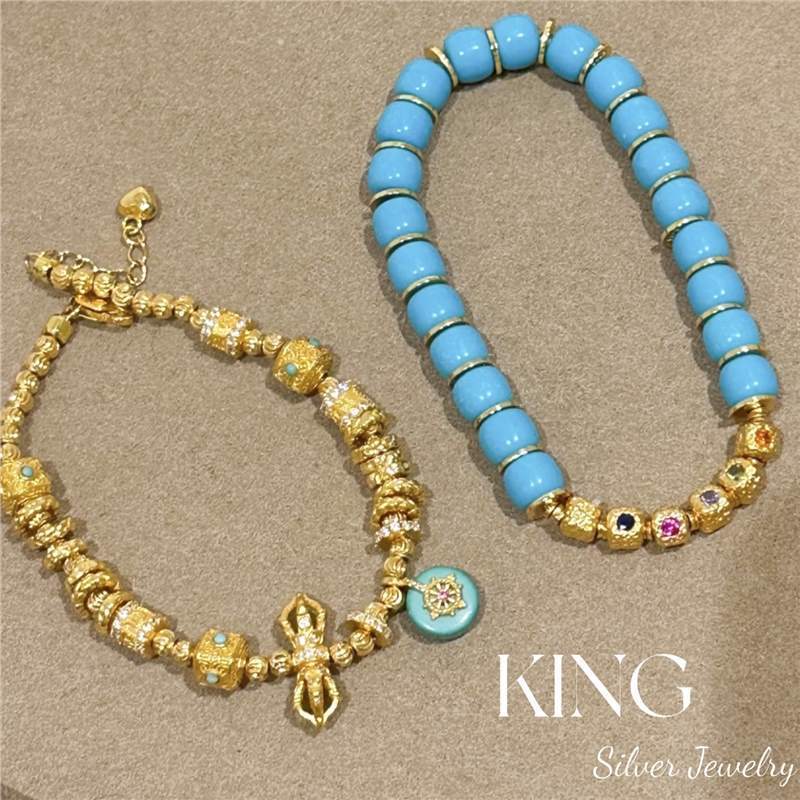 738 Cloud Blue S925 Silver Gold Plated Artificial Beauty Pine Retro High-End Luxury Sterling Silver Bracelet