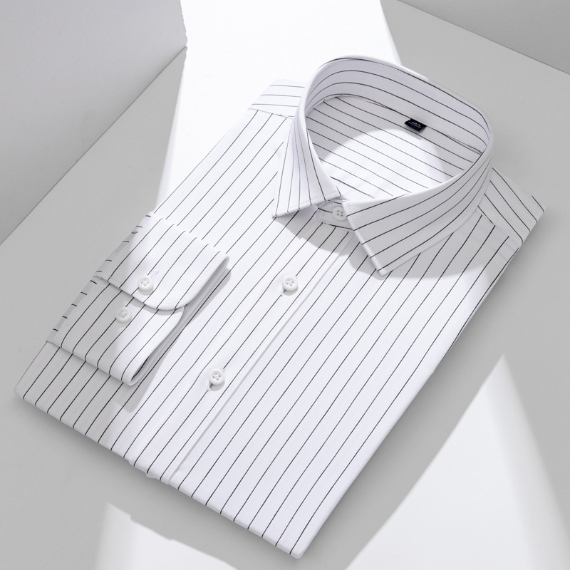 Camisas a rayas personalizadas en blanco y negro para hombres, mangas largas delgadas, traje de negocios sin quemar, impresión interior, camisa negra para hombres