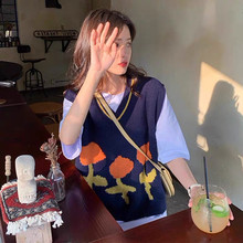马甲女新款韩版复古花朵无袖套头百搭2022秋冬v领撞色针织衫毛衣