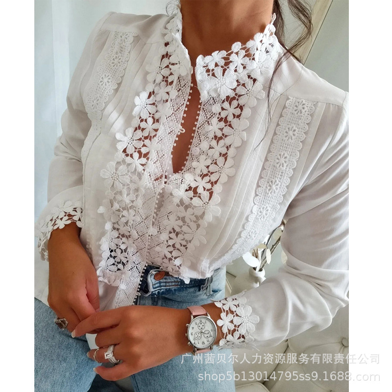 新款女装跨境外贸白色蕾丝花卉拼接长袖衬衫HDZ0275/LZR18099