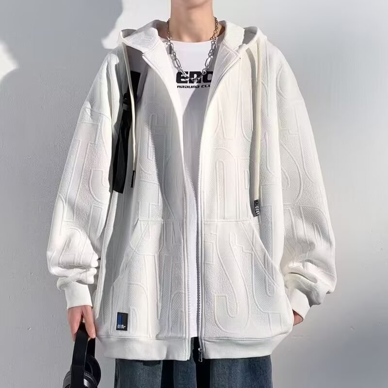 Trendy Spring and Autumn Hooded Fashion Sweatshirt Stylish Youth Cardigan Jacket Men's Hong Kong Style Simple Versatile Jacquard