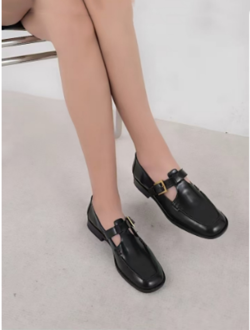 Massimo Dutti スクエアトウ ローファー Massimo Dutti Women's Leather Black Square Toe Flat Vintage