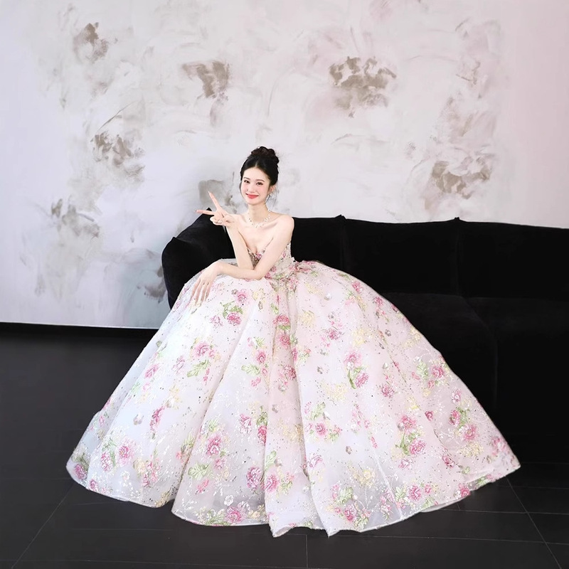 Strapless Evening Dress with Dreamy Flowers, Sweet Bride Wedding Toast Dress, Birthday Adult Ceremony, Art Exam Engagement Banquet Wedding Dress