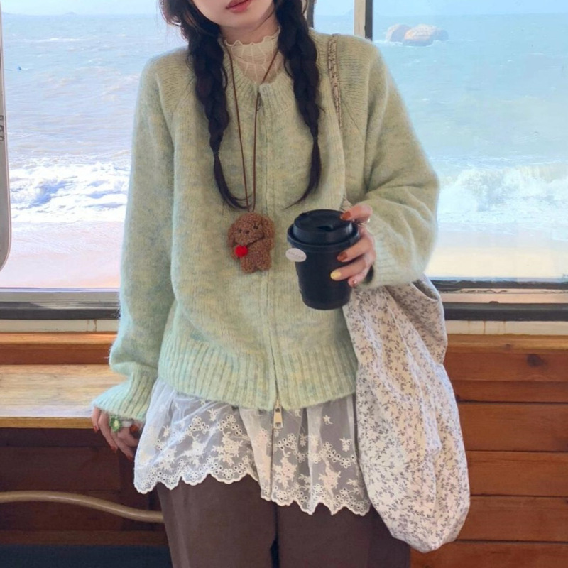 Green Sweater Jacket for Women 2025 New Spring & Fall Korean Style Unique Super Nice Lazy Style Loose Knitted Cardigan