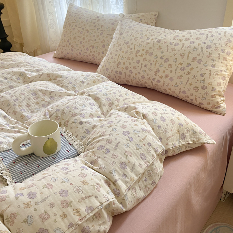 クラスA母子グレード100純綿二重糸ベッド4点セットフレンチレトロコットンキルトカバー寮3点セットシングル|undefined
