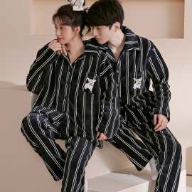 情侣睡衣一男一女秋冬季珊瑚绒加厚保暖家居服开衫翻领法兰绒套装