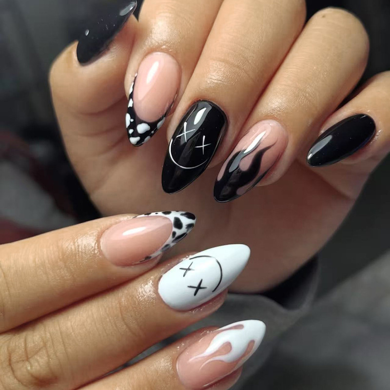 Halloween Wearable Nails Almond Halloween Smiley Face Pattern Black Flame Pattern Cute Style Removable Nails Wholesale Halloween Wearable Nails Almond Halloween Smiley Face Pattern Black Flame Pattern Cute Style Removable Nails Wholesale