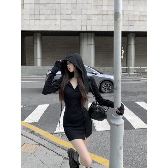 秋と冬の女性のためのセクシーなグレーのフード付き長袖ドレス、小柄なアンコレ着用、タイトなヒップカバーショートスカート|undefined