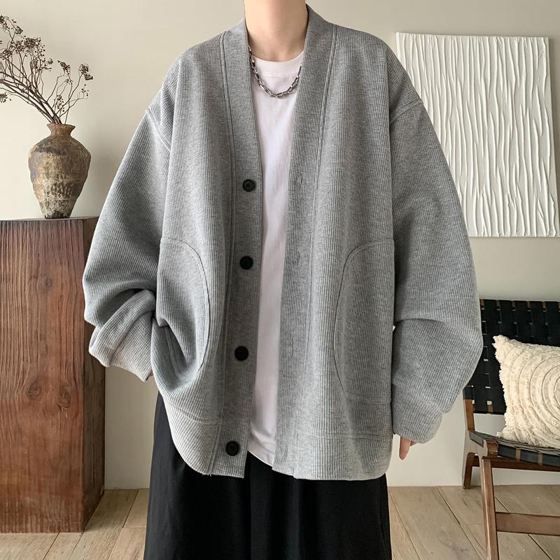 纯黑色日系慵懒风外套男潮感华夫格V领针织开衫情侣春秋夹克|undefined