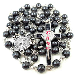 黑色Rosary　6mm　无磁性黑胆石十字架玫瑰经念珠项链饰品批发