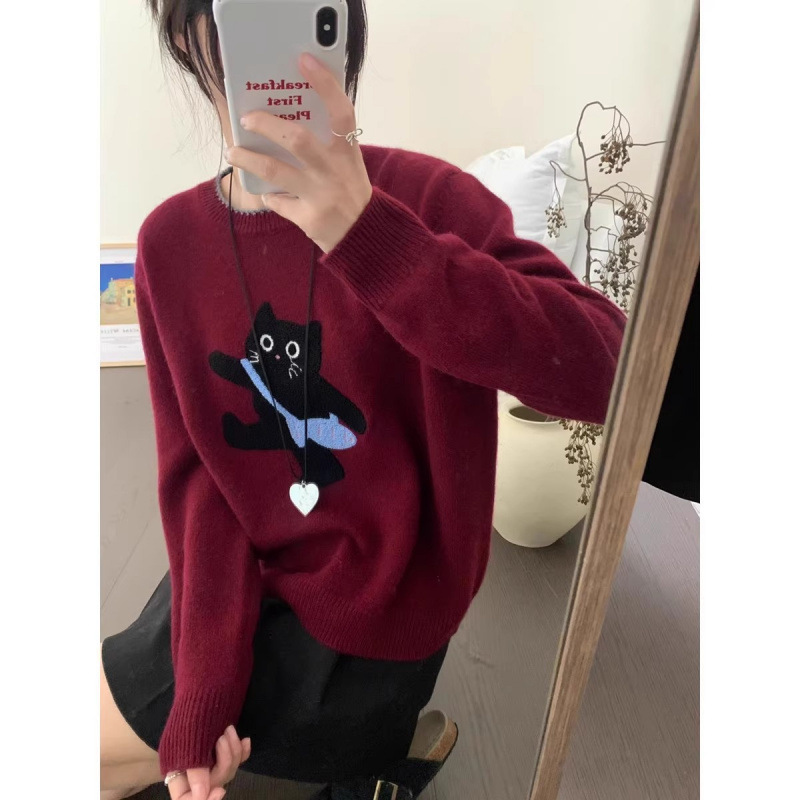 Korean Kitten Embroider Contrasting Color Sweater Autumn and Winter Christmas High-End Lazy Soft Waxy Red New Year Knitted Top for Women