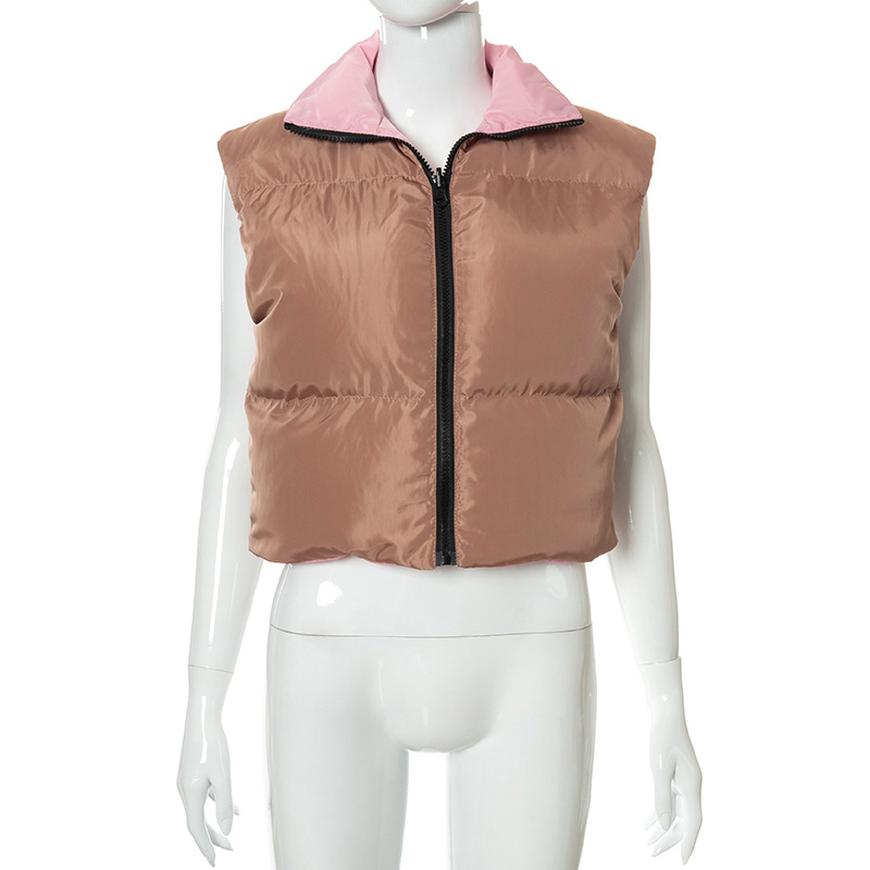 Women  Clothing 2021 Autumn and Winter New Contrast Color Reverse Sleeveless Vest Casual Bread Cotton-Padded Coats in Cotton-padded Coats
