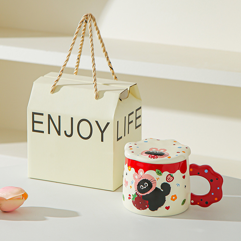 Con cubierta encantador conjunto de dibujos animados gato negro tazas de alto valor pareja tazas de cerámica tazas de agua marca regalo acompañante