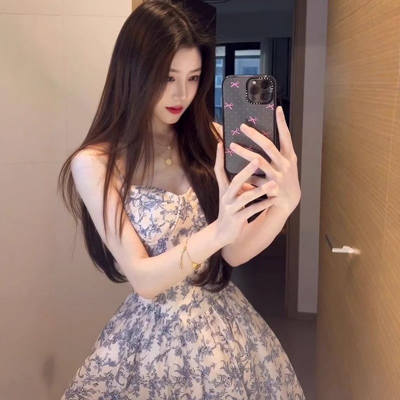 夏日法式碎花无袖吊带连衣裙校园甜美印花气质收腰气质女|undefined