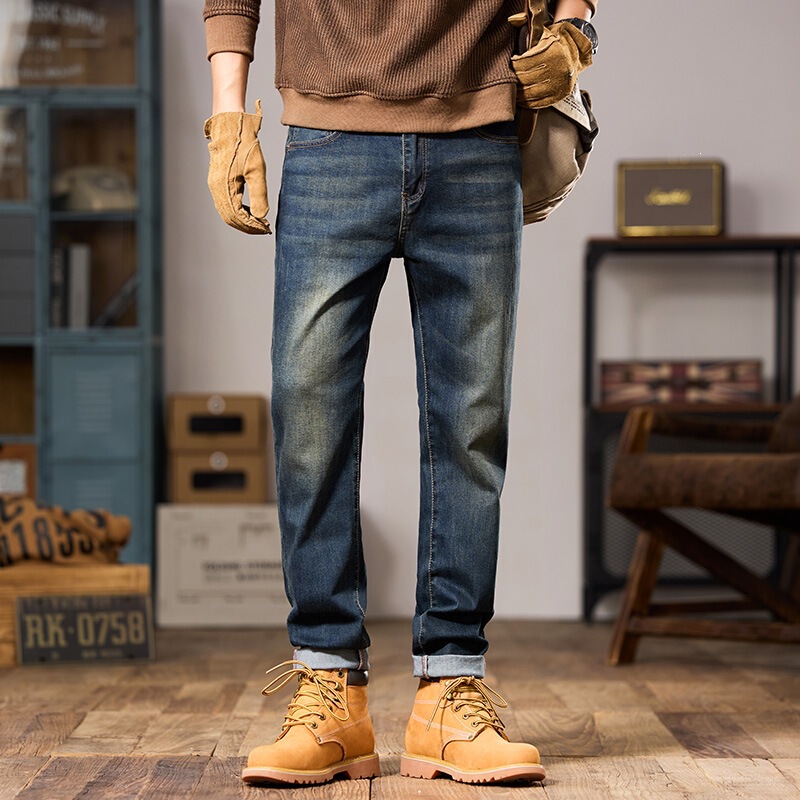 High-end classic retro blue denim men's straight loose-fit autumn new stretch casual versatile long pants