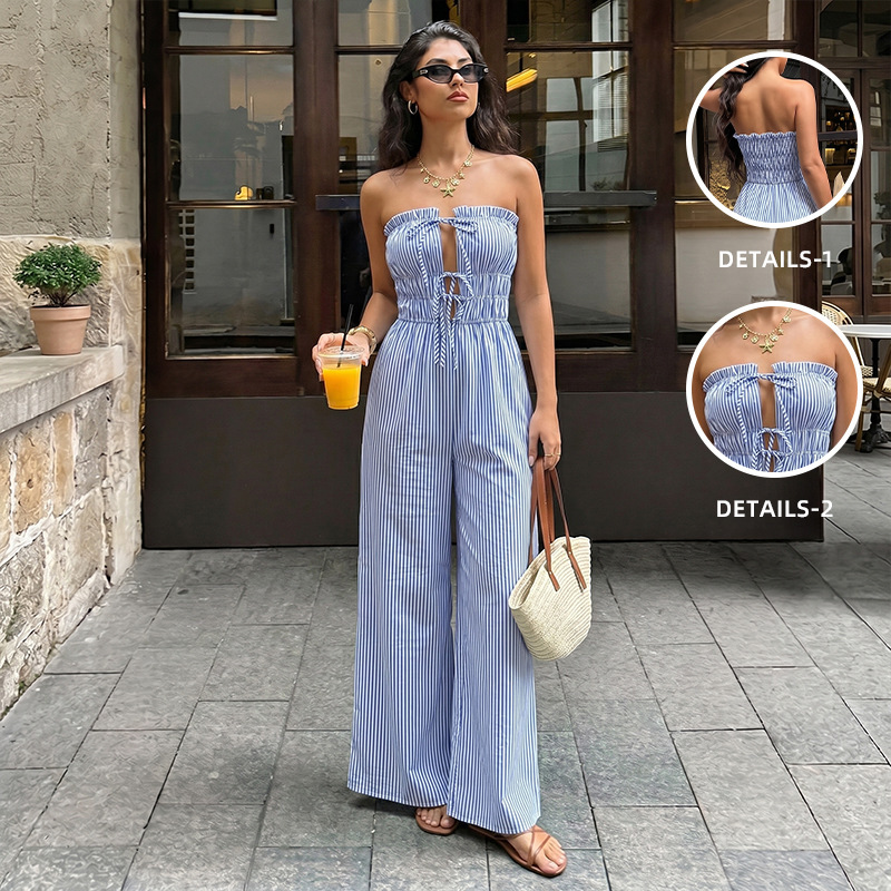 【Baifen Clothing】Temu Cross-Border 2026 New Fresh Vacation Style Striped Strapless Tie-Up Hollow Out Jumpsuit 【Baifen Clothing】Temu Cross-Border 2026 New Fresh Vacation Style Striped Strapless Tie-Up Hollow Out Jumpsuit