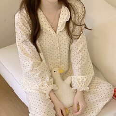 韩国ins女士春秋2色新品韩系少女甜美波点家居服睡衣套装外贸批发