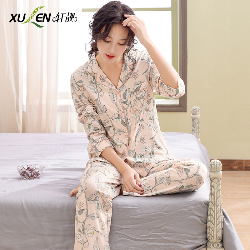 Pijamas de las mujeres primavera y otoño primavera manga larga 100% algodón Delgado homewear más tamaño suelto traje de mamá de mediana edad