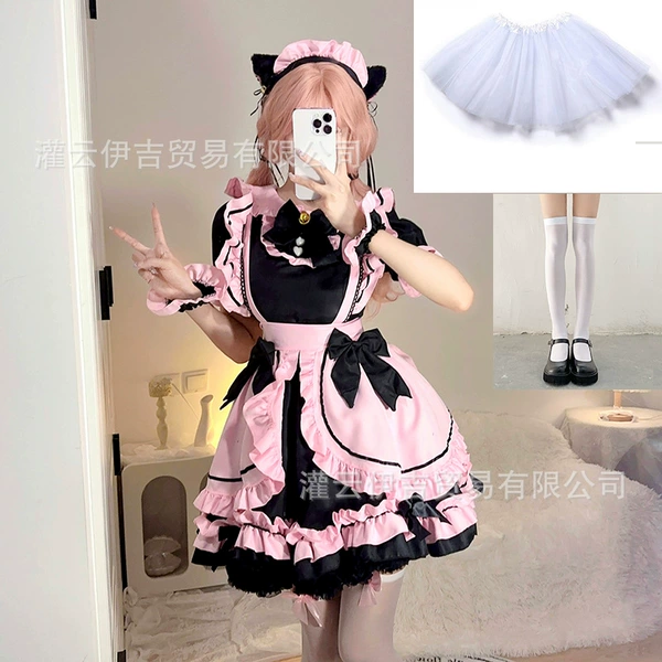 Black pink maid clothes set + white socks + skirt support
