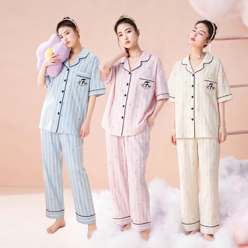 Youthli's new summer cotton pajamas for women, short-sleeved, long pants, turn-down collar, cardigan, casual striped home wear set Youthli's new summer cotton pajamas for women, short-sleeved, long pants, turn-down collar, cardigan, casual striped home wear set