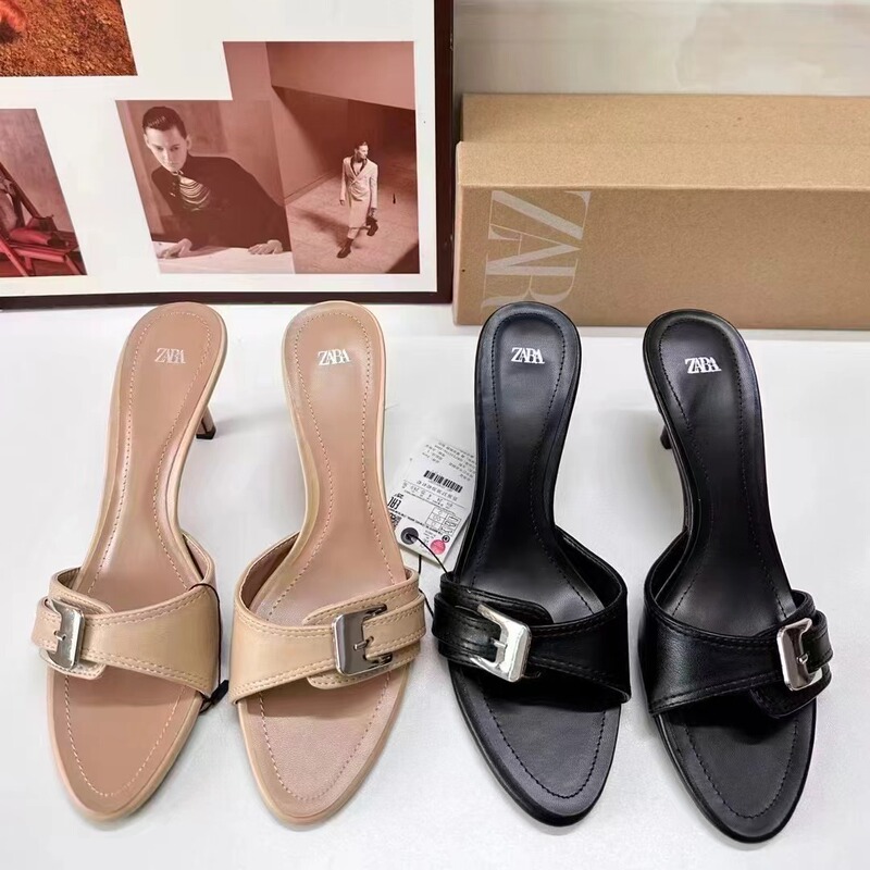 Za2024 Summer New Pointed-Toe Buckle Open-Back Open-Toe Shallow Mid-Low Heel Stylish Casual European and American Style Sandals for Women