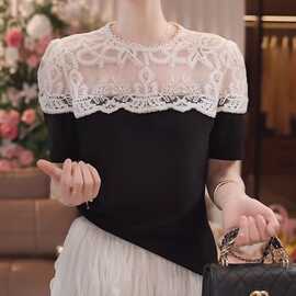 一件代发黑色短袖t恤女2025夏季新款洋气显瘦镂空蕾丝上衣打底衫