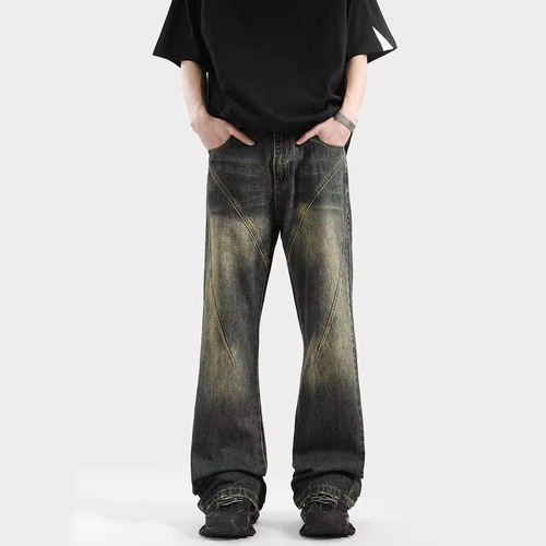 Deconstructing car line water-washed men's summer trend loose vibe design straight micro-waist pants