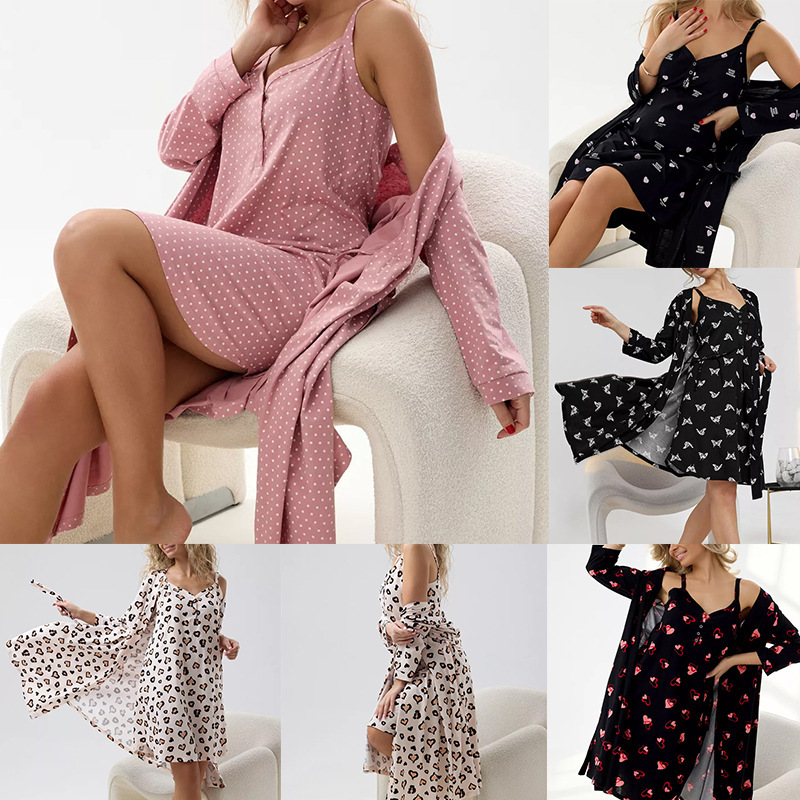 Cross-border Europe and the United States Amazon Autumn and Winter Hot V-neck Printed dress Sexy Home Nightgown Nightgown Two-piece Set for Women Cross-border Europe and the United States Amazon Autumn and Winter Hot V-neck Printed dress Sexy Home Nightgown Nightgown Two-piece Set for Women