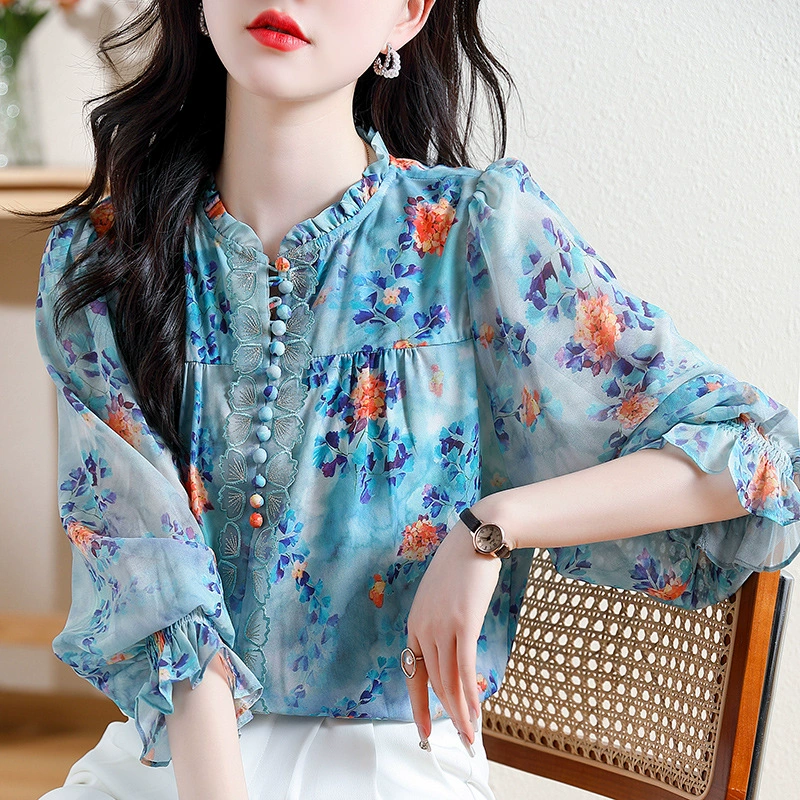 Shiffon summer flashlight, shirt, western style, oversize, plus size