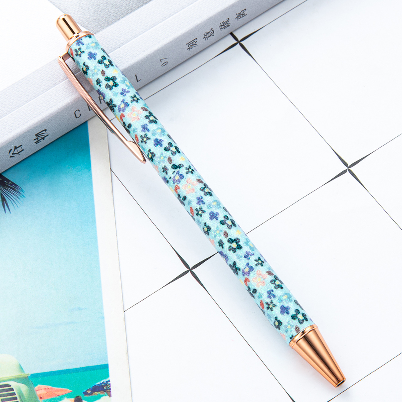 alto valor facial ins viento flor triturada lápiz de bola pequeña fresca creativa estudiantes presionar lápiz de regalo de publicidad lápiz de bola