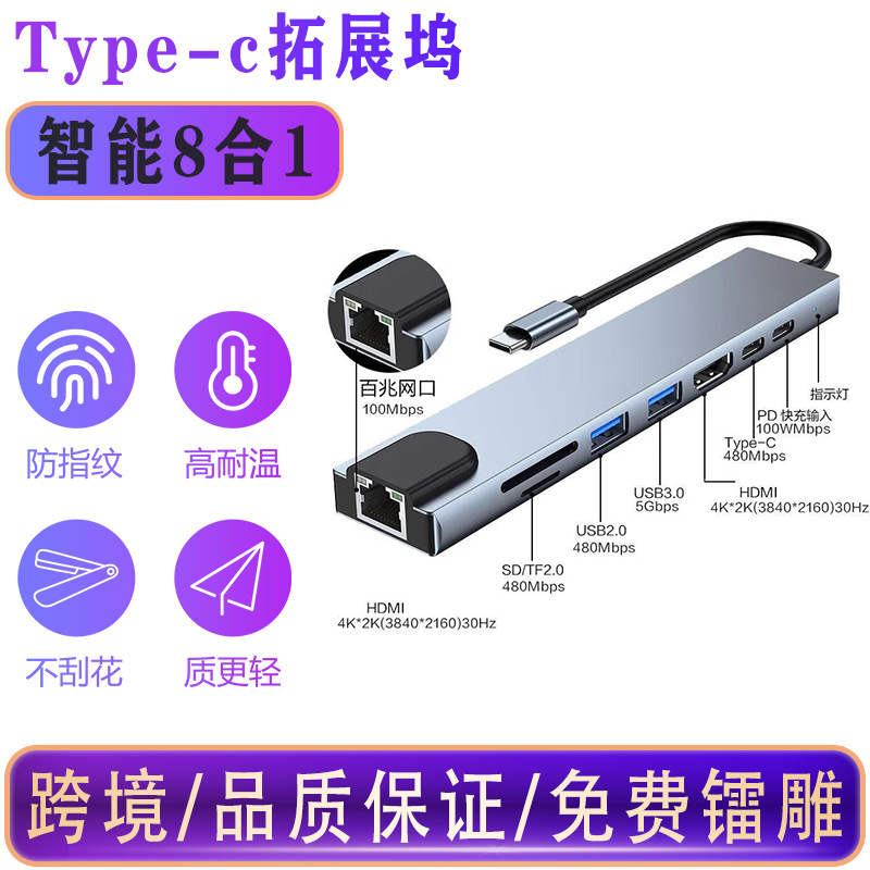 크로스보더 8-in-1 타입-C 확장 도크, 네트워크 포트, USB 3.0, 멀티포트, 스마트 확장 도크, 다기능 허브