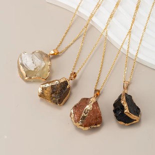 Natural Crystal Amethyst Asymmetrical Pendant Raw Stone Electroplated Gilt Rose Quartz Citrine DIY Jewelry Accessories Cross-Border