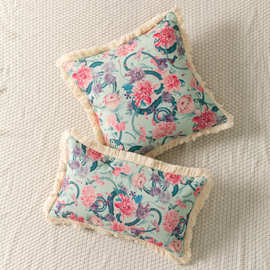 北欧风时尚流苏边装饰彩色植物花卉印花抱枕套沙发靠垫套