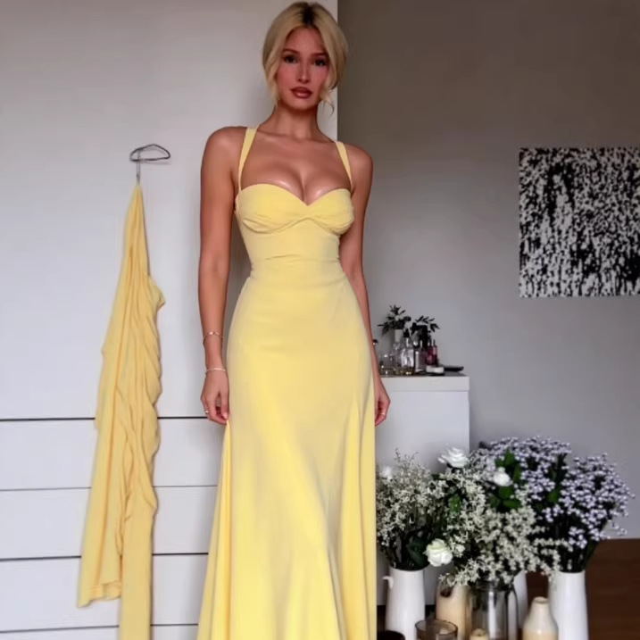 Sexy Halter Neck Tube Top Waist Cinched Big Swing Dress Slimming Bodycon Formal Evening Gown Party Banquet Cocktail Dress_ecoleips.com