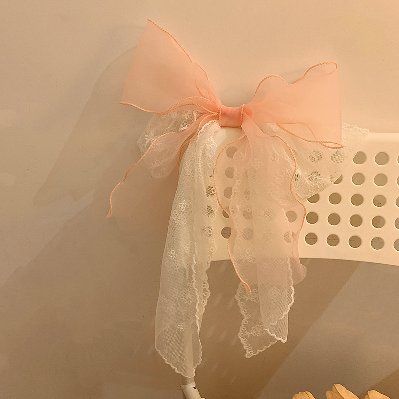 Lace pink printed bow ribbon hairpin women's large back spoon spring clip French temperament hairpin hair accessories_voghion.com