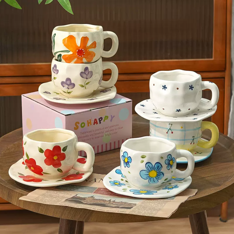 ins风 陶瓷咖啡杯复古花朵家用商用招待客人情侣女士个人专用高级
