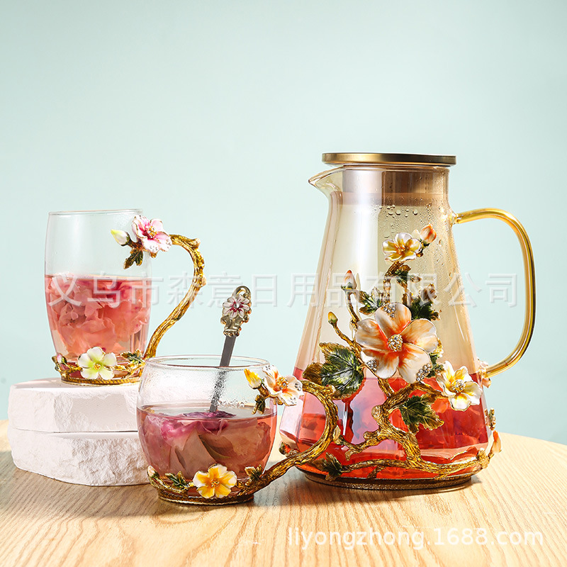 Esmalte taza de agua de color flor creativa taza de té taza de jugo taza de vidrio de cristal resistente al calor taza de café taza de pareja de gama alta regalo de la taza