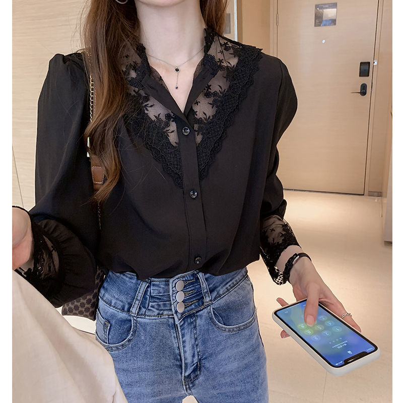 Lace Bottoming Shirt for Women, Spring & Fall New Design, Niche Inner Wear, Western Style Top, Chiffon Splicing Shirt