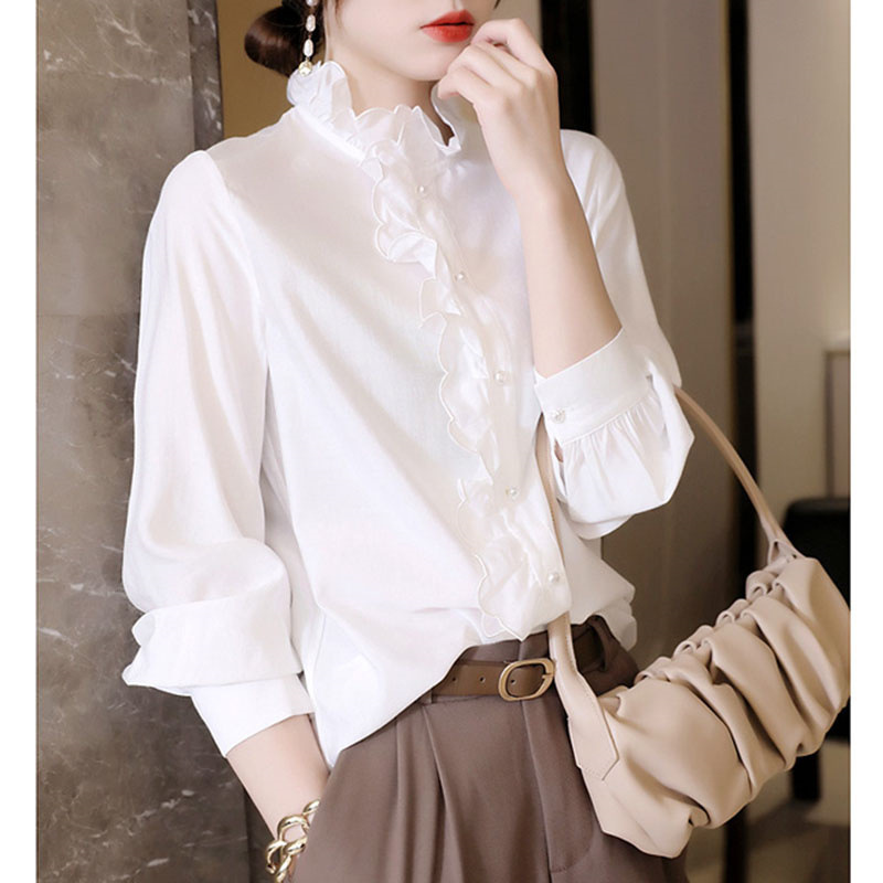 Jingzhou French Elegant Shirt Women's Autumn 2023 New Style Lace Nine-point Sleeve Ear Edge Fashion All-match Shirt